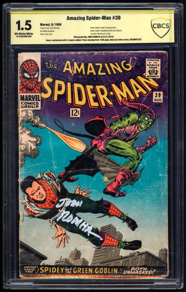 AMAZING SPIDER-MAN #39 CBCS 1.5OWW SIGNED BY JOHN ROMITA SR. 19-225A4EB-005 - Image 1 of 3
