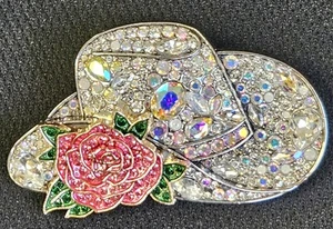 COWGIRL HAT BROOCH PIN RHINESTONES PINK ROSE 🌹AURORA BOREALIS IRIDESCENT COLORS - Picture 1 of 9