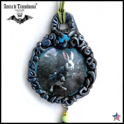 white rabbit alice protective talisman necklace medallion pendant amulet jewelry - Image 1 of 4