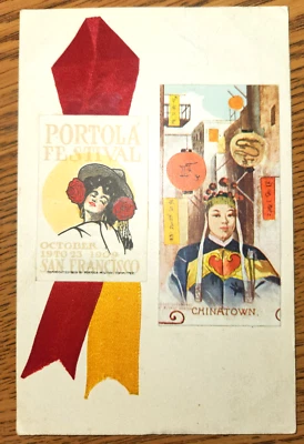 Portola Festival Postcard Chinatown Picture And Ribbon Attached San Francisco CA - Image 1 of 2