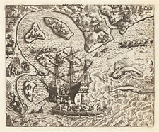 Map "The arrival of Cabral's fleet in Porto Seguro" (Brazil) T. De Bry, 1592