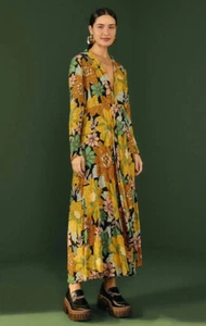 Farm Rio XS Garden Black Maxi Womens Dress Floral Print V Neck Midi - Picture 1 of 10