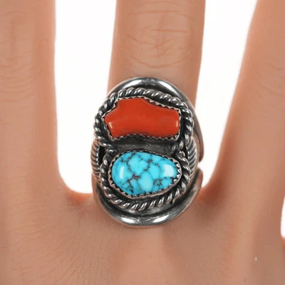 Anillo de plata nativa americana, turquesa de alta calidad y coral talla 10,5 P Foto 1 de 4