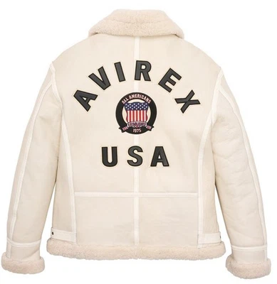Men’s Avirex White Bomber Fur Shearling Biker Jacket Sheepskin Leather Jacket - Image 1 of 4