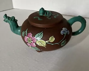 Antique Yixing Zisha Clay Dragon Teapot With Colorful Glaze Of Flowers See Pics - Picture 1 of 21