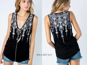 USA New VOCAL Womens BLACK CRYSTAL CROSS ZIP SLEEVELESS TANK TOP SHIRT S M L XL - Picture 1 of 8