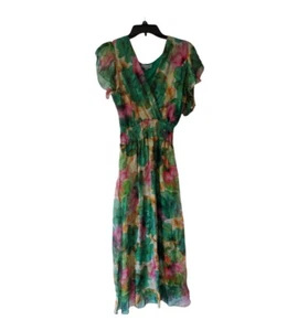 Le Regazze Flutter Sleeve Italian Silk Floral Dress Size Medium - Picture 1 of 6