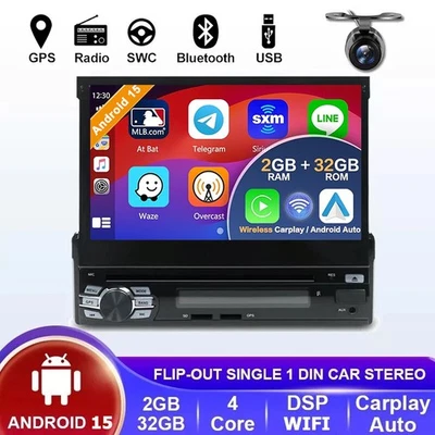 Universal 1 Din Flip-Out Single Android 15.0 GPS Car Stereo CD/DVD Player HD DAB - Image 1 of 4