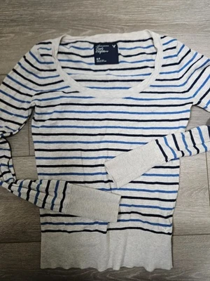 American Eagle Mujer Rayas Azul y Gris Rayas Lana Algodón Suéter Talla Sm Foto 1 de 4
