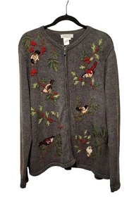 Coldwater Creek Damen bestickt Vogel Cardigan Pullover 2X grau Ramie Baumwolle Wo - Bild 1 von 8