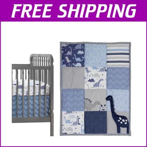 Roar Dinosaur 3-Piece Crib Bedding Set in Blue/Gray - Modern Chevron Style - Picture 1 of 7