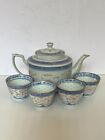Vintage Chinese Blue White Red Porcelain Rice Eye Grain Teapot With 4 X Cups