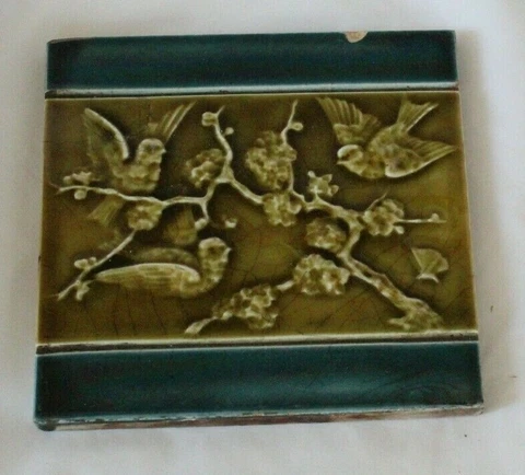 ENGLISH RAISED MAJOLICA FLYING BIRDS TILE 1880S BLUE BORDER aethetic Cover