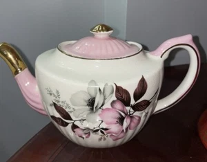 GIBSONS STAFFORDSHIRE ENGLAND TEAPOT PINK FLOWERS GOLD - Picture 1 of 10