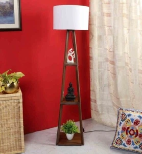 White Cotton Shade Wooden Blue Shelf Floor Lamp for Home and Office Decor Light - Picture 1 of 7