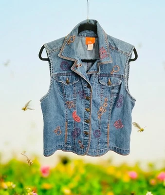 Chaleco de mezclilla Hearts of Palm para mujer talla 14 cachemira floral bordado hippie boho Foto 1 de 4