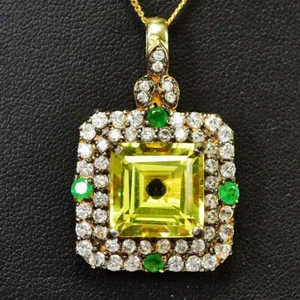 STERLING 925 SILVER LEMON QUARTZ, GREEN EMERALD GEMSTONE & WHITE CZ PENDANT - Picture 1 of 8