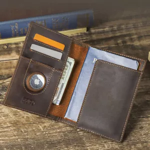 Genuine Leather RFID Wallet For AirTag Case Passport Cards Holder Travel Cover - Picture 1 of 9