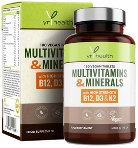 Vegan Multivitamins & Minerals with Vitamin B12 D3 K2 and Iron 180 Tablets - Picture 1 of 7