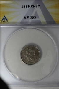 1889 .03 ANACS VF 30 Three Cent Nickel, Liberty Three Cent Piece - Picture 1 of 2