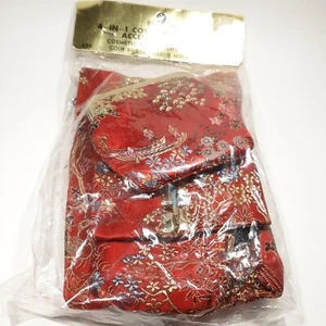 VINTAGE COSMETIC PURSE 4 Piece ACCESSORY SET RED SILK ORIENTAL PRINT Coin Purse - Picture 1 of 19