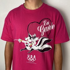 Vintage 90’s Pepe Le Pew Olympics T Shirt Warner Bros USA Fencing 1995 Very Rare