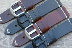 Watch Strap Genuine Calf Leather Double Layered Vintage Look Hand Stitched - Picture 1 of 5
