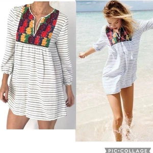 NWT J. Crew Tunic Large Blue & White Striped Cotton Blouse Dress Embroidered - Picture 1 of 6