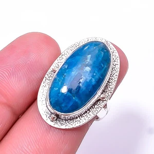 Neon Blue Apatite - Bahia Mines 925 Sterling Silver Handmade Ring s.6 Sku6 - Picture 1 of 2