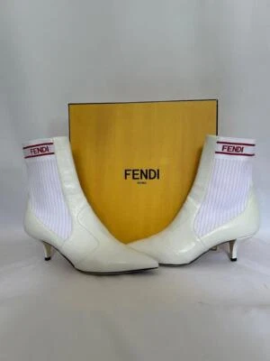 Botines FENDI ROCKOKO Blanco Buceo Elastizados Tejido 2.25" Tacón Gatito Talla 38 Foto 1 de 4