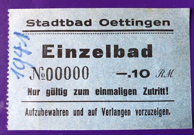 Alte Eintrittskarte ticket Billett  Stadtbad Oettingen 0,10 RM 1941 Probedruck - Bild 1 von 2