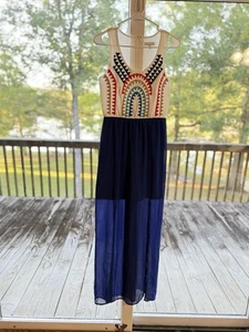 Jealous Tomato Maxi Dress SMALL Blue & Ivory Embroidered Southwest Aztec Lined - Picture 1 of 5