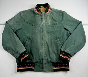Vtg Walls Mountain Navajo Aztec Print Bomber Jacket Green Canvas USA Mens S/M - Picture 1 of 11