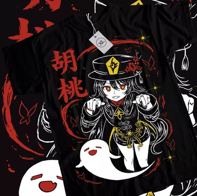 Camiseta Genshin Impact HuTao Harajuku Anime Niña Kawaii Camisa Negra Foto 1 de 4