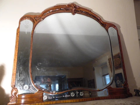 VTG Dresser Mantel Mirror Itched Glass Inlay Carved Oak wood Ornate Beveled edge Cover