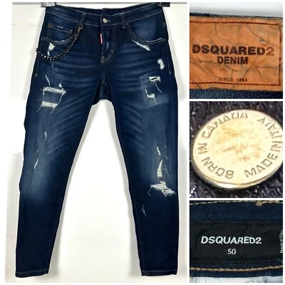 Pantalones de mezclilla DSQUARED2 para hombre con cadena talla 50 azul desgastado botón mosca hechos en Italia usados en excelente estado Foto 1 de 4
