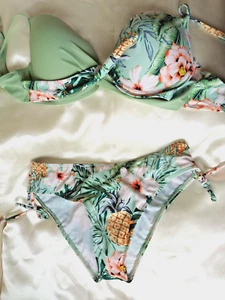 Shein UK M/L Green Mix Wire Free Padded Floral Bandeau Bikini Set - Picture 1 of 6