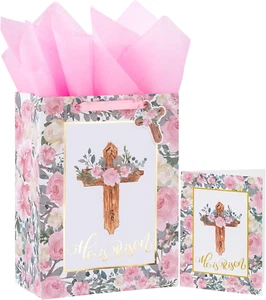13" Large Easter Religious Gift Bag with Card and Tissue Paper - Cross with the - Picture 1 of 7