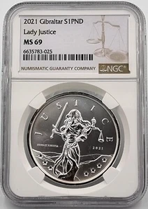 GIBRALTAR 1 POUND 2021 LADY JUSTICE SILVER COIN NGC MS69 - Picture 1 of 2