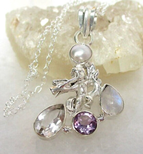 CLOSING! SOLID 925 STERLING SILVER CUPID MOONSTONE AMETHYST PENDANT + CHAIN