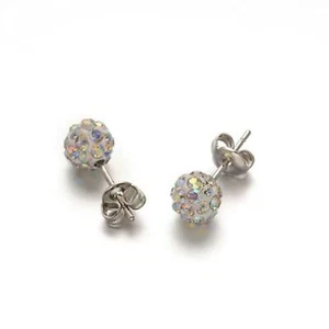 Austrian Crystal Ball Surgical Steel 6mm Disco Stud Clay Earrings Crystal AB - Picture 1 of 1