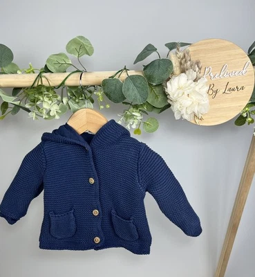 M&S Baby Boys Preloved Navy Knitted Hooded Jacket 0-3 Month - Image 1 of 3