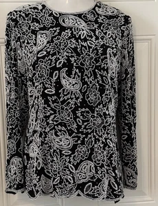 Vintage Stenay Black Silver Beaded Sequin 100% Silk L/S Top Glam Quiet Luxury - Picture 1 of 17