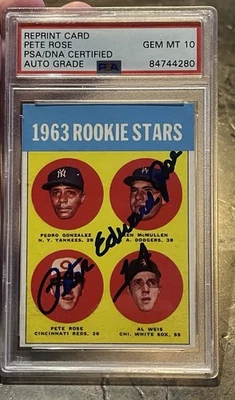 Tarjeta de béisbol PSA DNA 10 PETE ROSE FIRMADA NOMBRE COMPLETO Y # 1963 TOPPS RP RC Foto 1 de 2