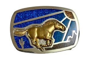 Running Horse Stallion Chrome Metal Belt Buckle Embedded Glittered Resin Western - Picture 1 of 14