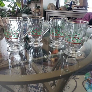 4 Vintage 1980's Libbey Arby's Christmas Holly Berry Glass Footed Mugs gold rim - Picture 1 of 14