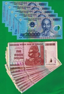 5 x 20,000 Vietnam Dong Currency VND + 10 x 5 Billion Dollars Zimbabwe Banknotes - Picture 1 of 3