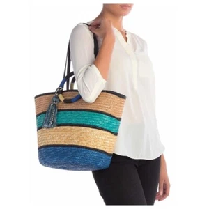 REBECCA MINKOFF BLUE MULTI STRAW TASSEL TOTE BAG NIP - Picture 1 of 2