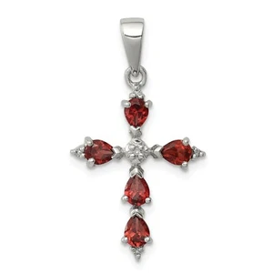 Sterling Silver Rhodium Plated Pear Red Garnet & Diamond Cross Pendant - Picture 1 of 4