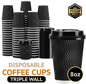 Disposable Triple Wall Coffee Cups with Lid 8oz Bulk Takeaway Paper 100/500pk - Picture 1 of 7